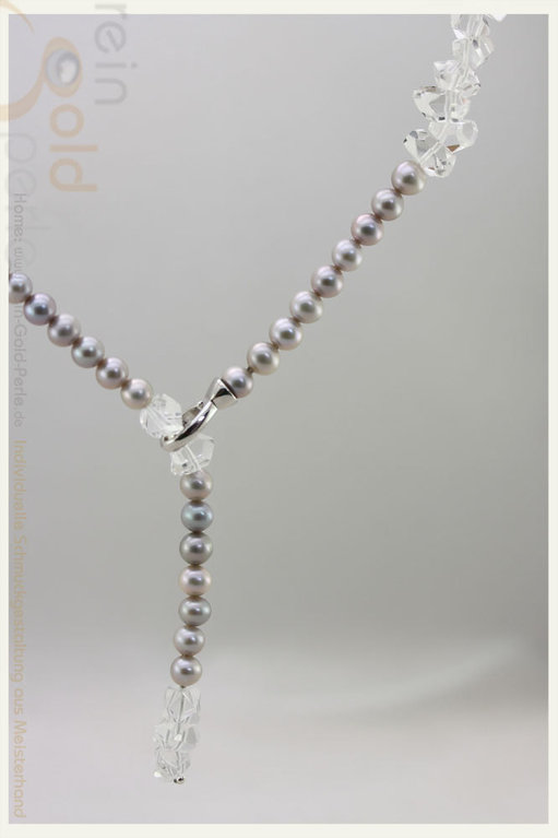 Y-Collier graue Perlen & Bergkristall, Silber