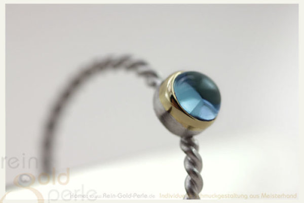 Kordel Ring - Globe twisted - Silber und 750 Gold, Blautopas