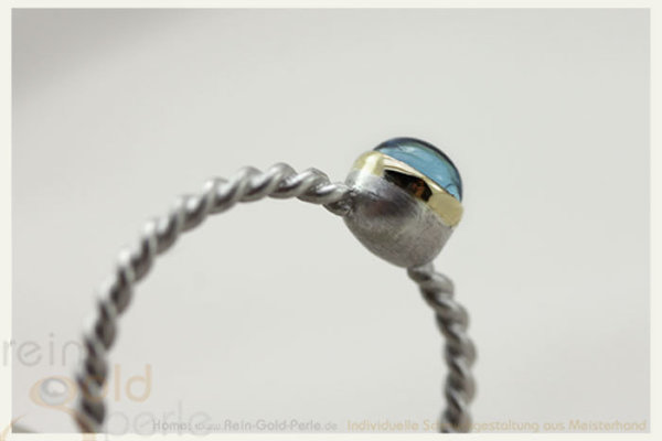 Kordel Ring - Globe twisted - Silber und 750 Gold, Blautopas