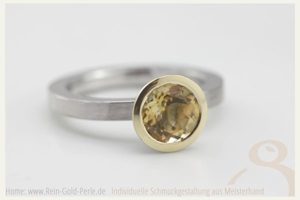 Silber Ring mit rundem Citrin, 750 Gelbgold Rand