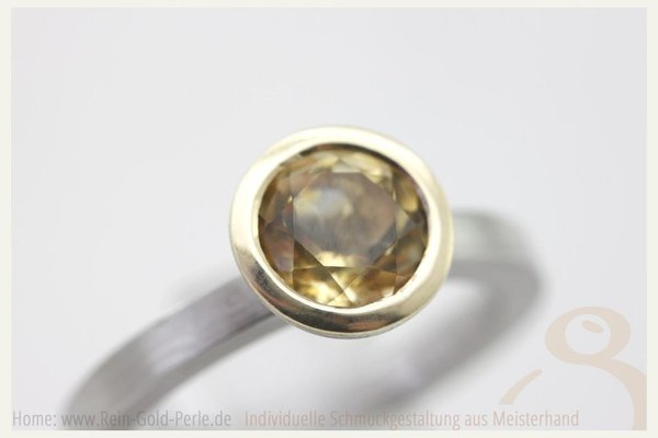 Silber Ring mit rundem Citrin, 750 Gelbgold Rand